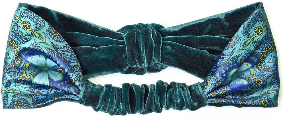Blue Butterflies. Printed satin & silk-velvet headband - TEAL version