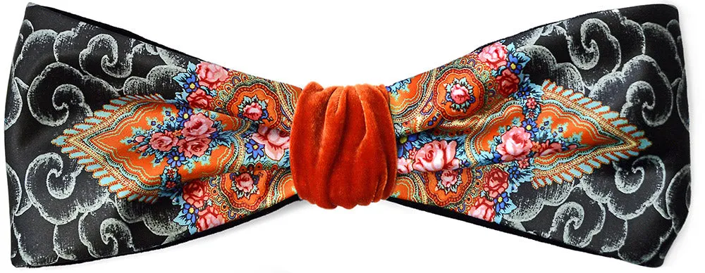 Clouds and Roses. Printed satin & silk-velvet headband - ORANGE version