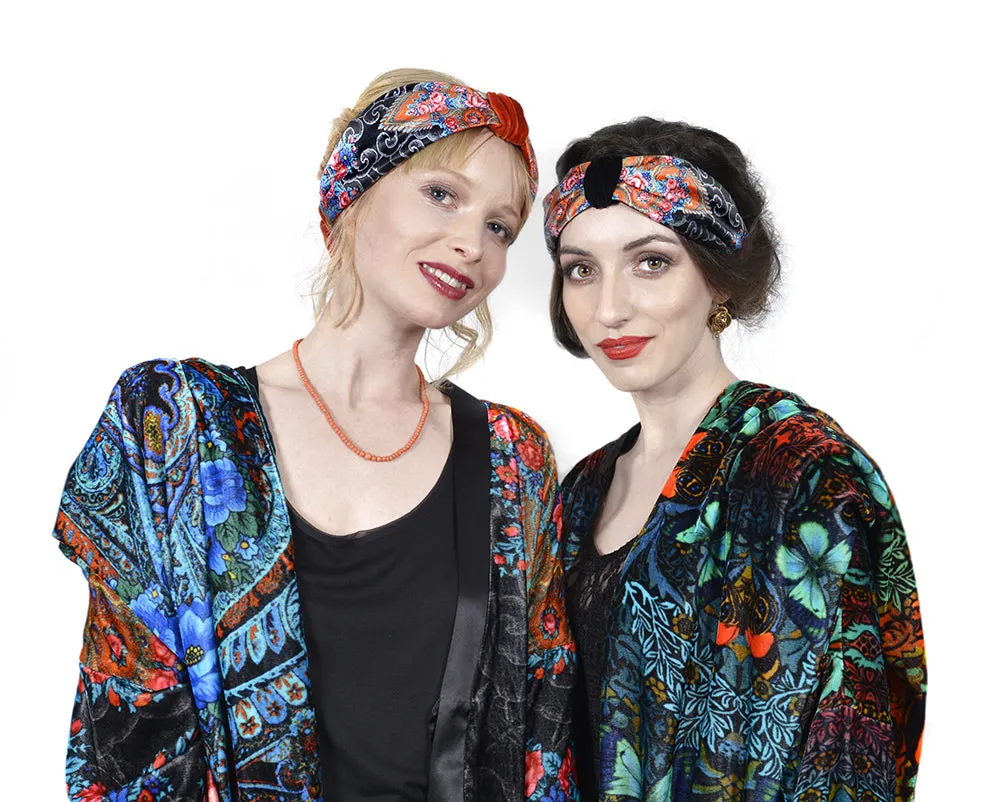 Clouds and Roses. Printed satin & silk-velvet headband - ORANGE version
