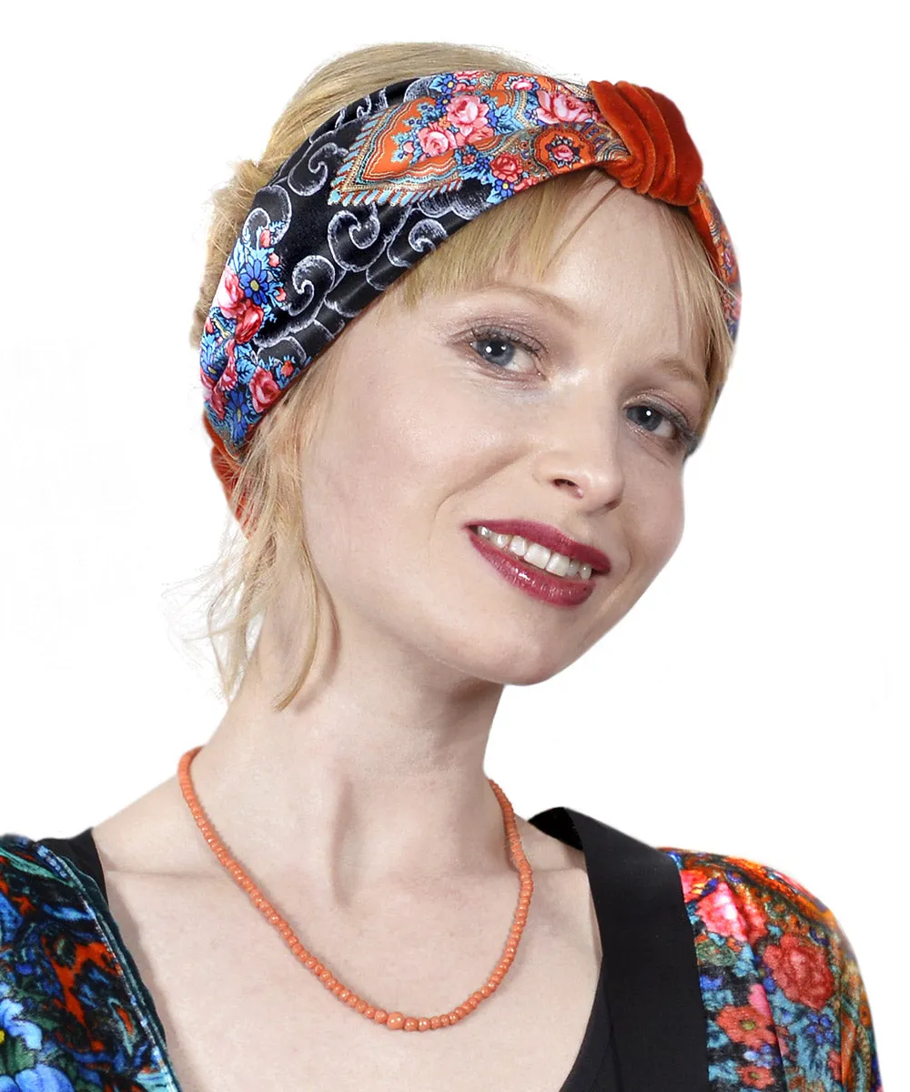 Clouds and Roses. Printed satin & silk-velvet headband - ORANGE version