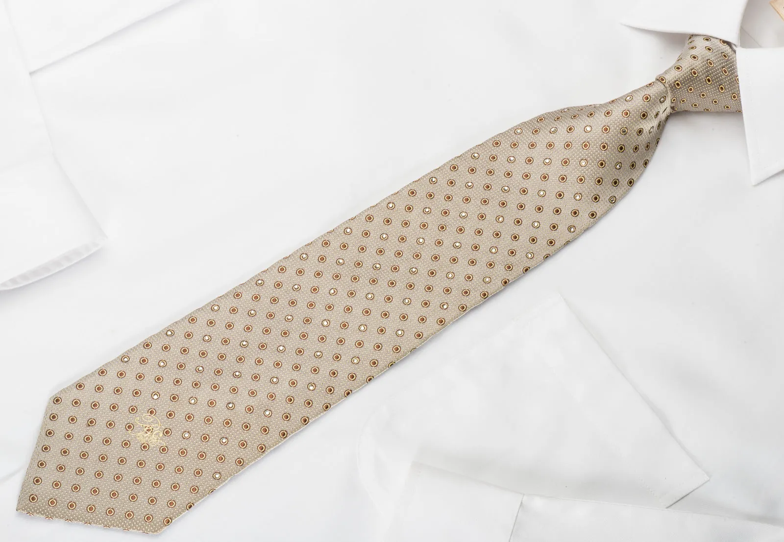 Nina Ricci Silk Rhinestone Necktie Brown Geometric Dots On Silver