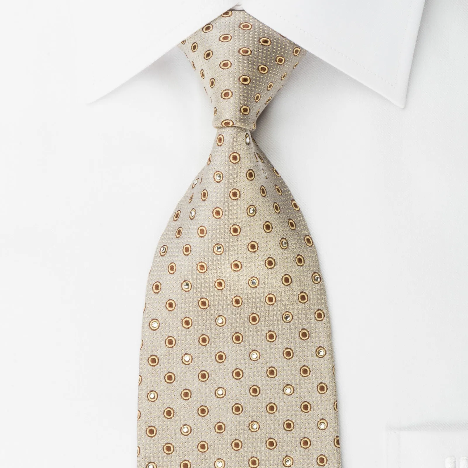 Nina Ricci Silk Rhinestone Necktie Brown Geometric Dots On Silver