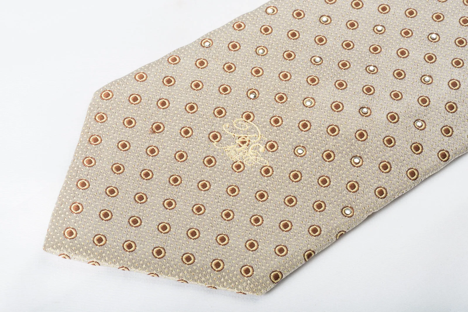 Nina Ricci Silk Rhinestone Necktie Brown Geometric Dots On Silver