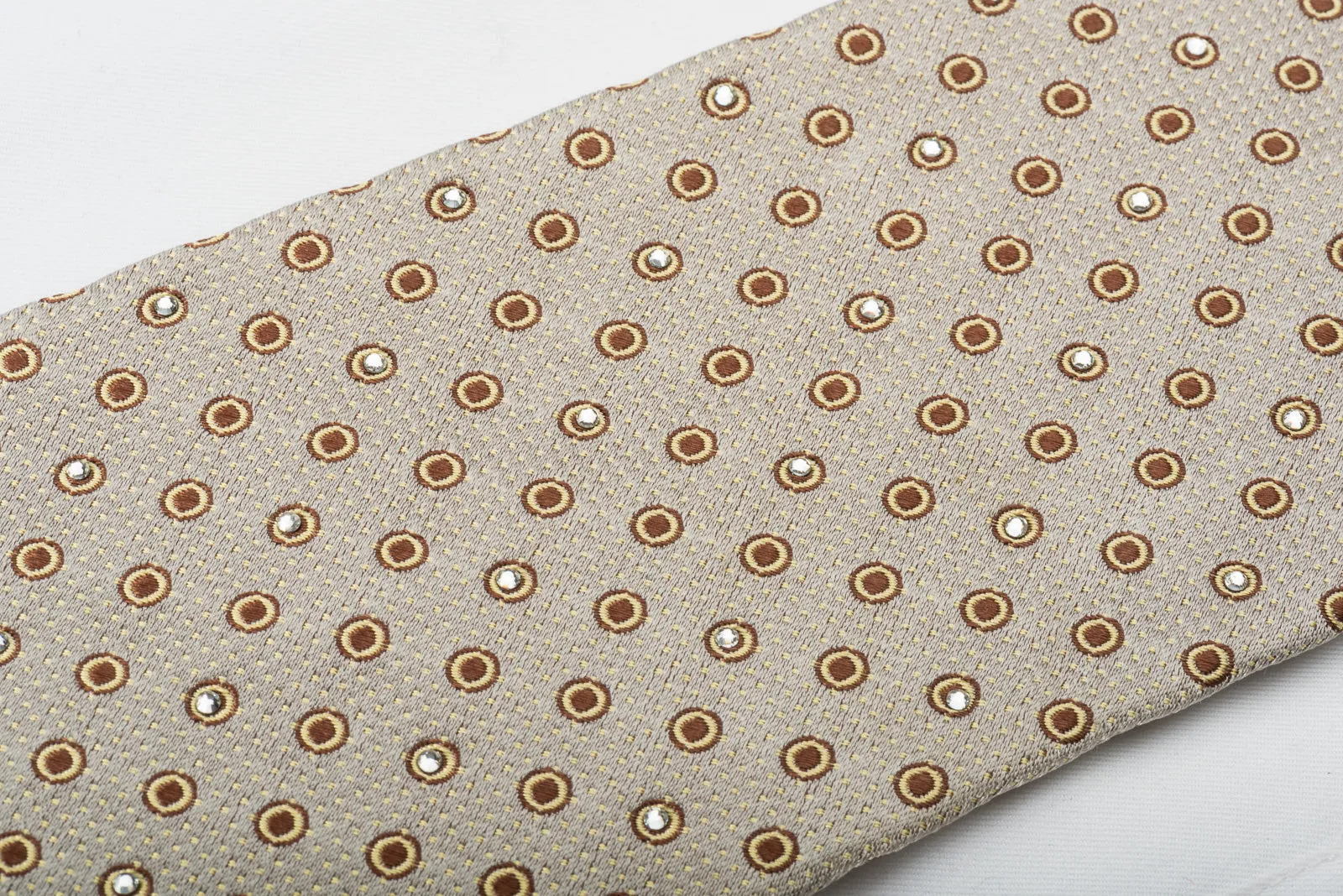 Nina Ricci Silk Rhinestone Necktie Brown Geometric Dots On Silver