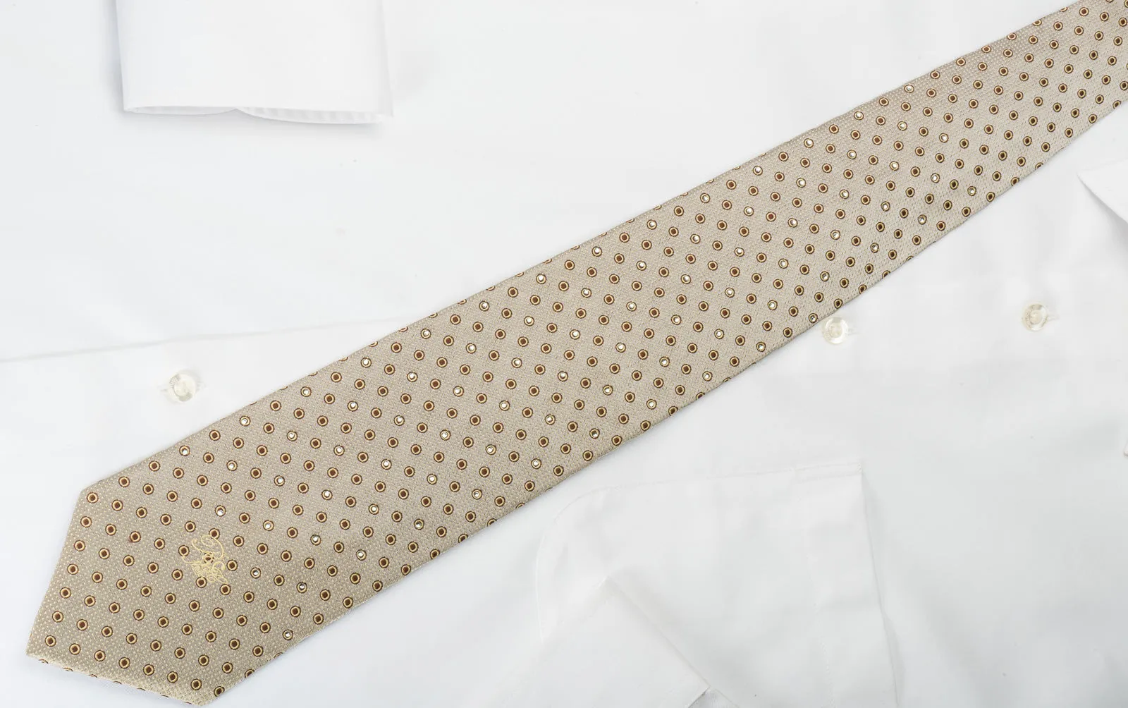 Nina Ricci Silk Rhinestone Necktie Brown Geometric Dots On Silver