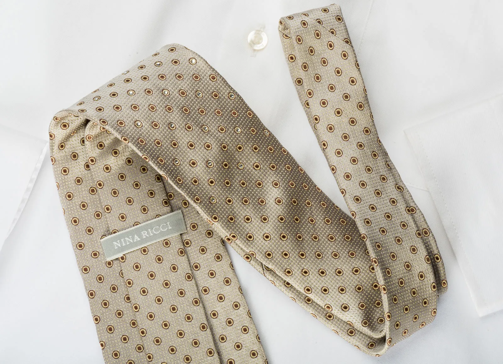 Nina Ricci Silk Rhinestone Necktie Brown Geometric Dots On Silver