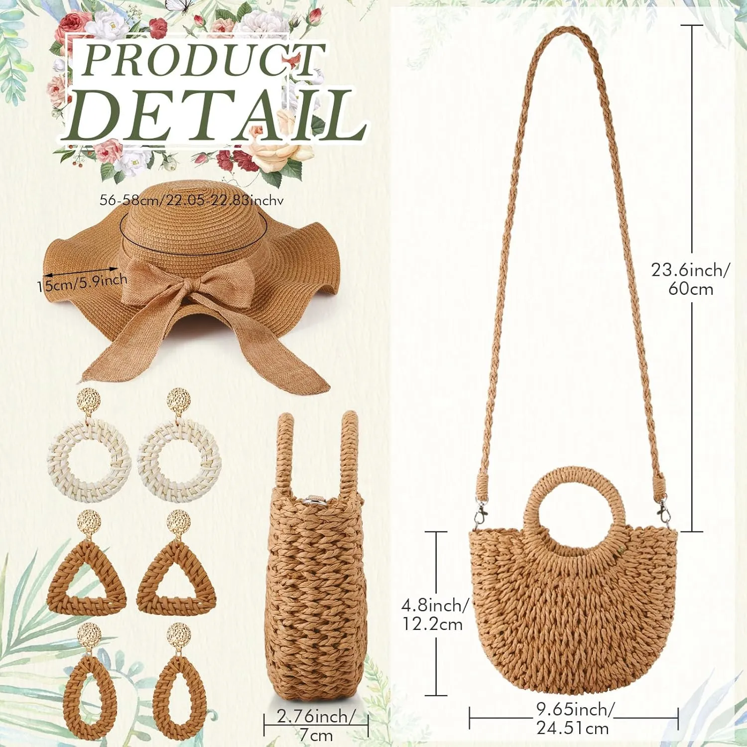 Pinkunn Summer Straw Set for Women Woven Crossbody Shoulder Bags and Beach Strawhat with Earrings for Vacation