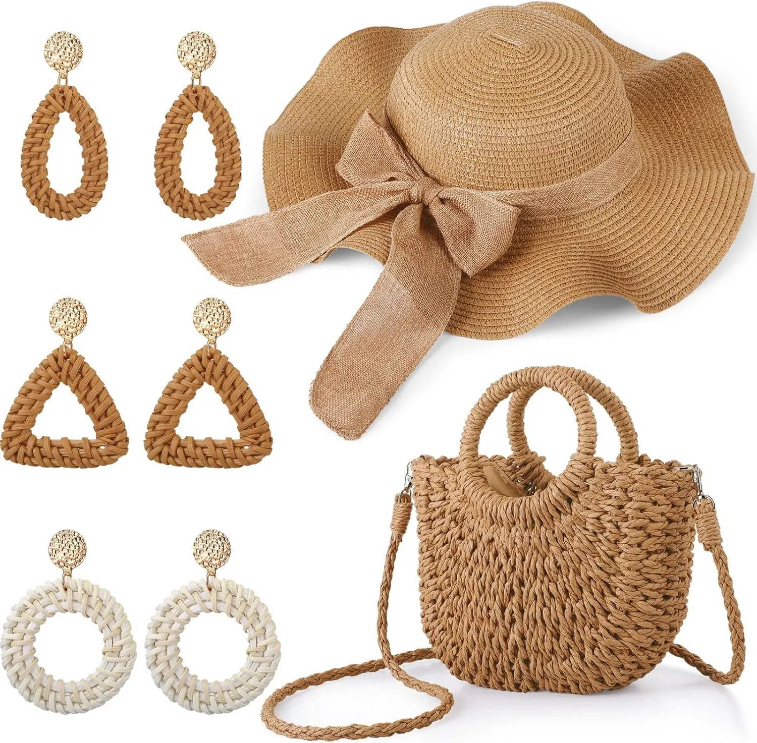 Pinkunn Summer Straw Set for Women Woven Crossbody Shoulder Bags and Beach Strawhat with Earrings for Vacation