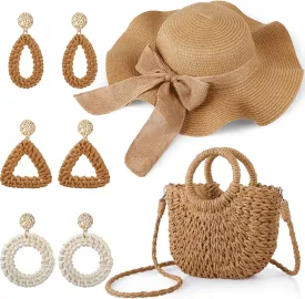 Pinkunn Summer Straw Set for Women Woven Crossbody Shoulder Bags and Beach Strawhat with Earrings for Vacation